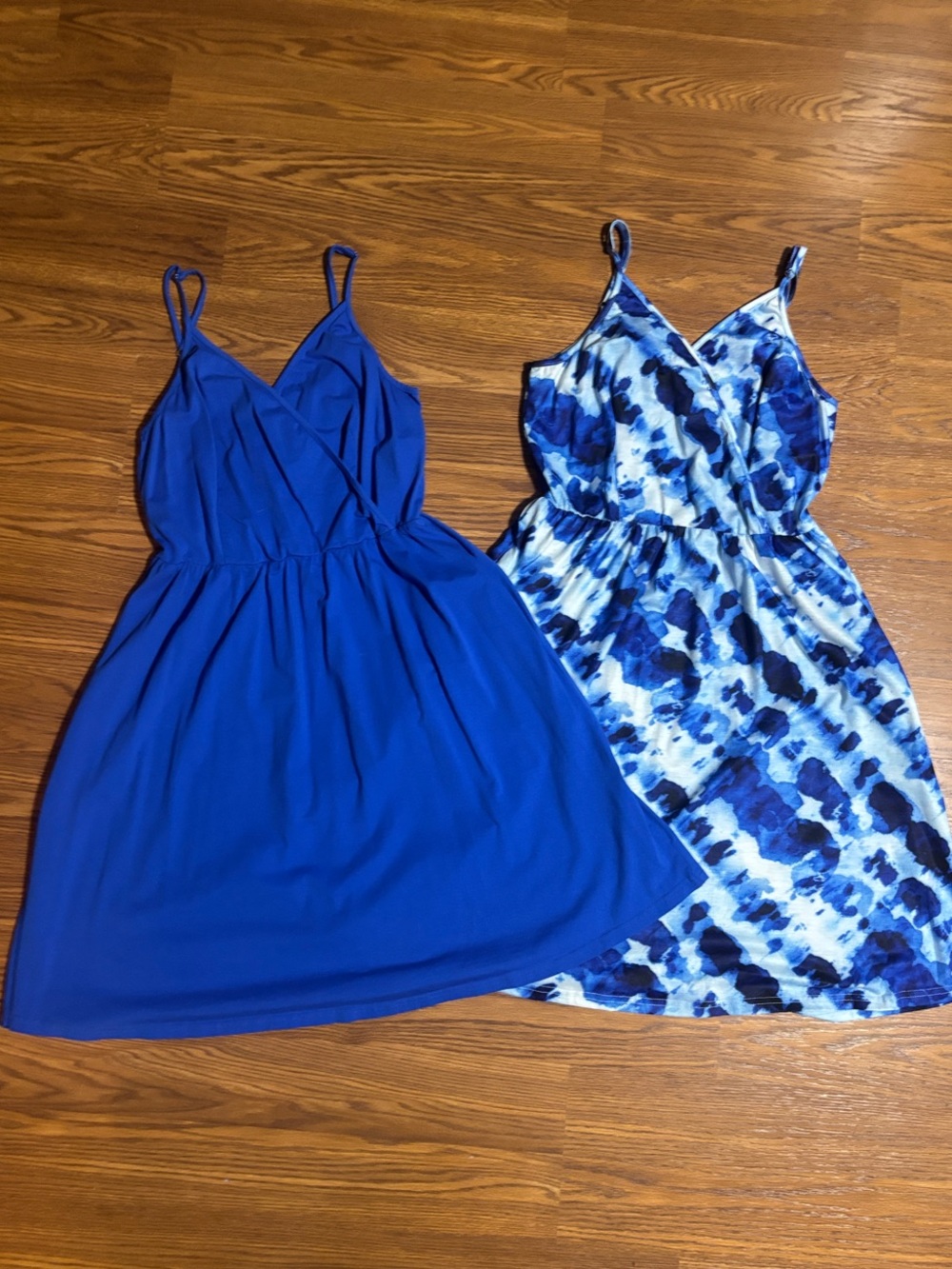 Two women’s Blue Sleeveless Wrap-Front Summer Sun Dresses size large